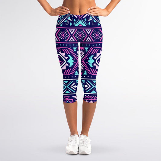 Blue And Pink Aztec Pattern Print Women's Capri Leggings