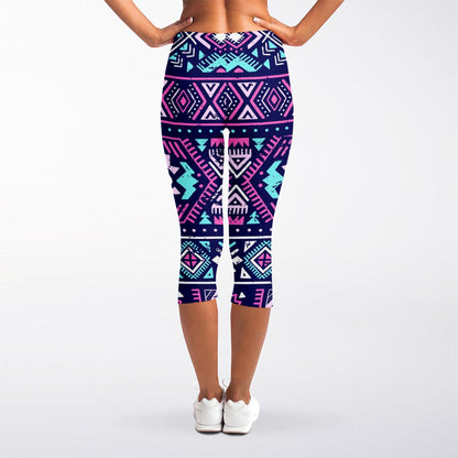 Blue And Pink Aztec Pattern Print Women's Capri Leggings