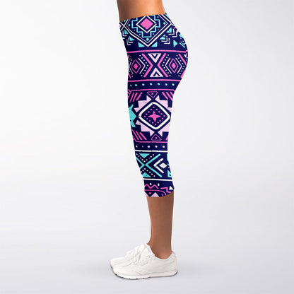 Blue And Pink Aztec Pattern Print Women's Capri Leggings