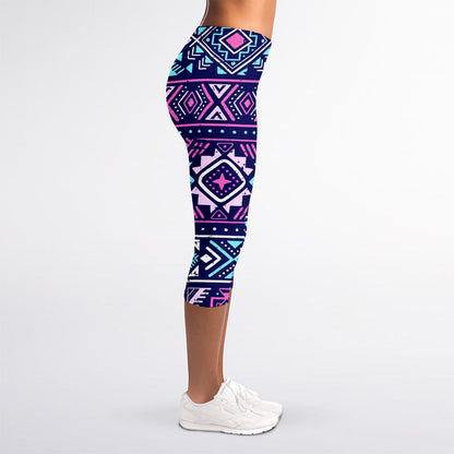 Blue And Pink Aztec Pattern Print Women's Capri Leggings