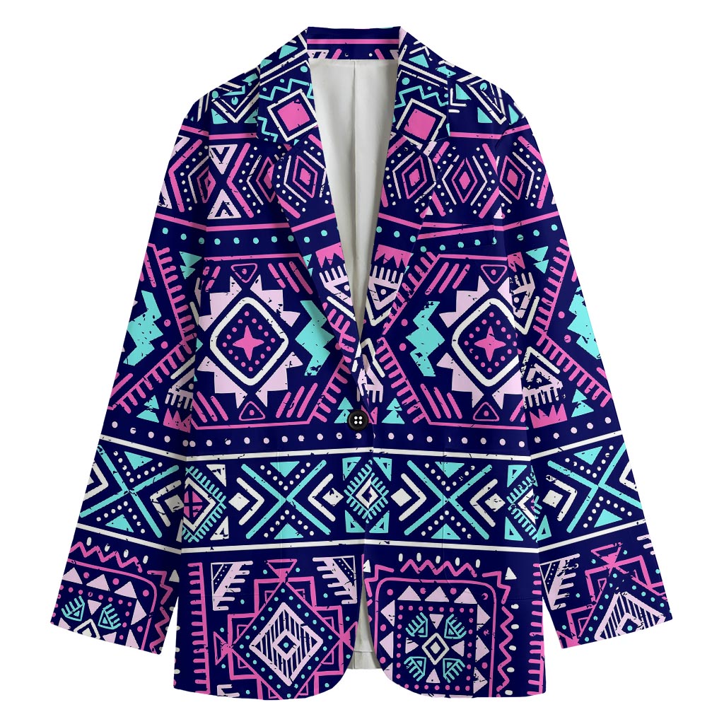 Blue And Pink Aztec Pattern Print Women's Cotton Blazer