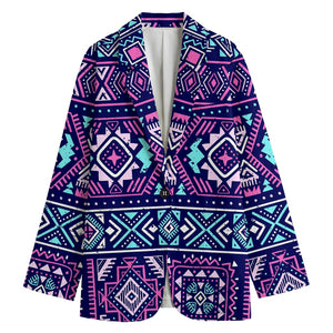 Blue And Pink Aztec Pattern Print Women's Cotton Blazer