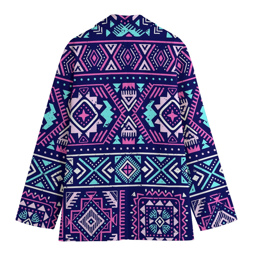 Blue And Pink Aztec Pattern Print Women's Cotton Blazer