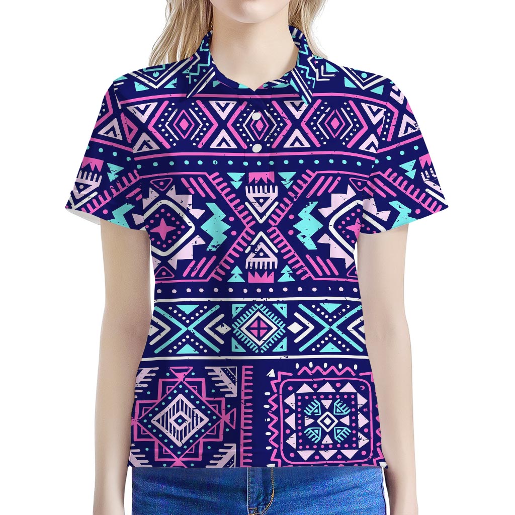 Blue And Pink Aztec Pattern Print Women's Polo Shirt