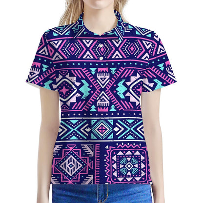 Blue And Pink Aztec Pattern Print Women's Polo Shirt