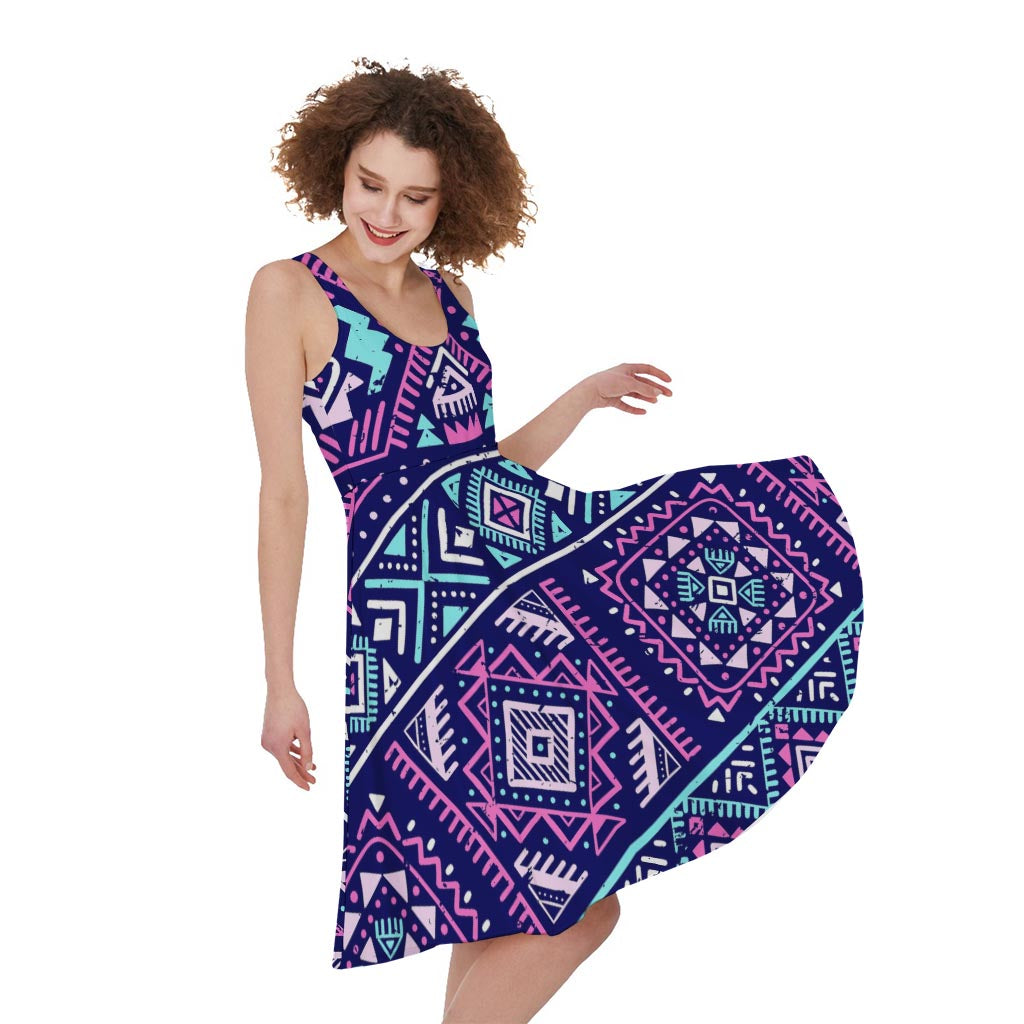 Blue And Pink Aztec Pattern Print Women's Sleeveless Dress