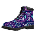 Blue And Pink Aztec Pattern Print Padded Collar Lace Up Boots