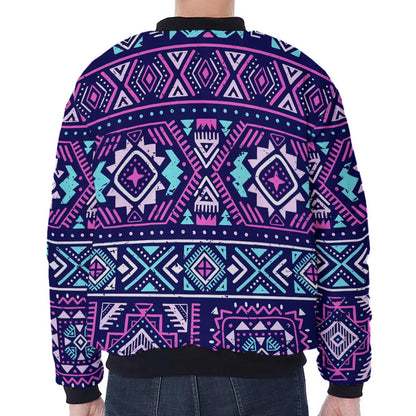 Blue And Pink Aztec Pattern Print Zip Sleeve Bomber Jacket
