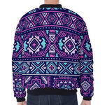 Blue And Pink Aztec Pattern Print Zip Sleeve Bomber Jacket