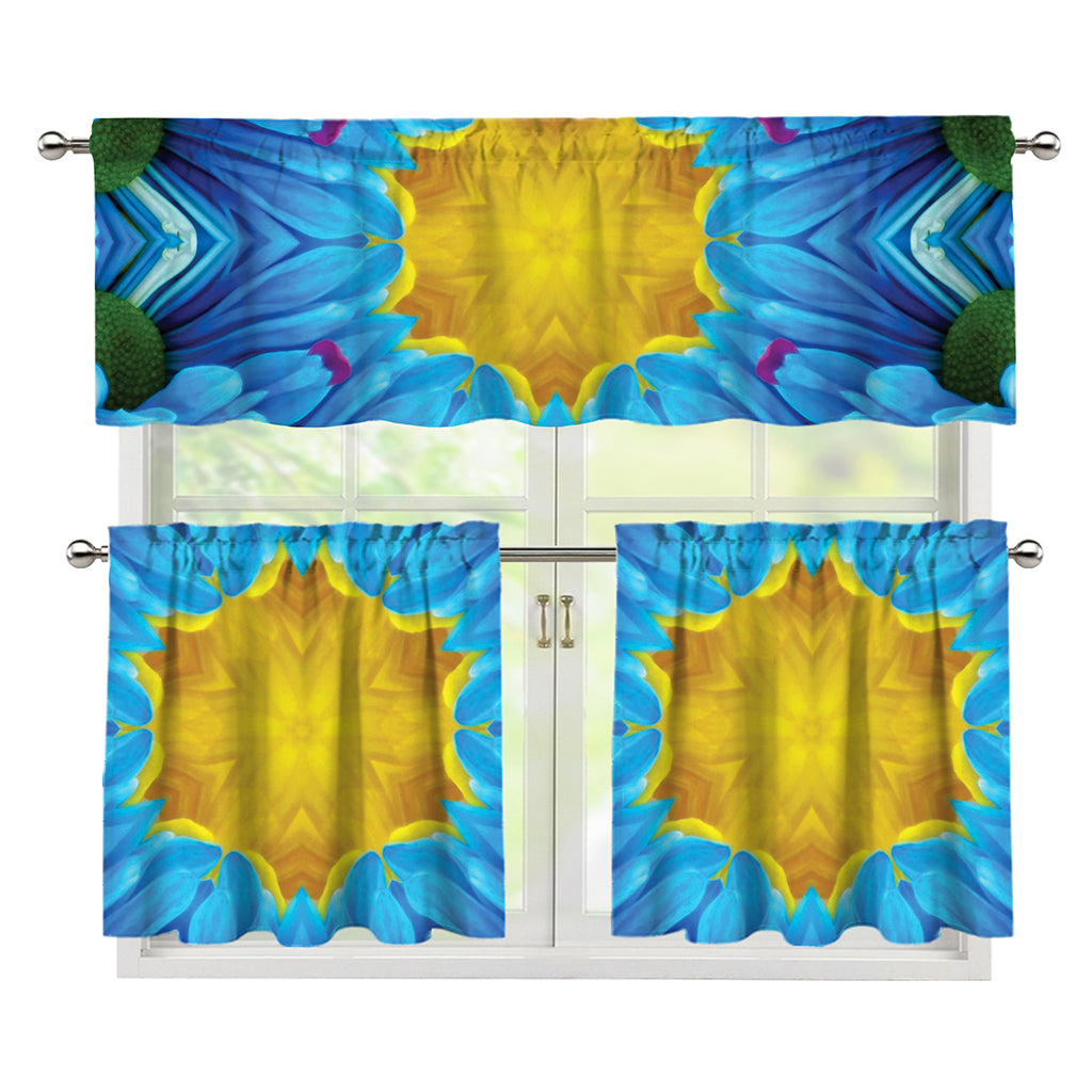 Blue And Pink Flowers Kaleidoscope Print 3 Piece Kitchen Curtains