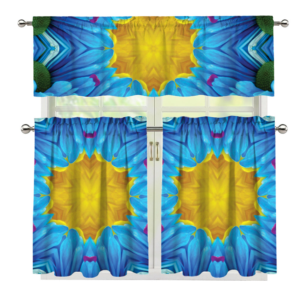 Blue And Pink Flowers Kaleidoscope Print 3 Piece Kitchen Curtains