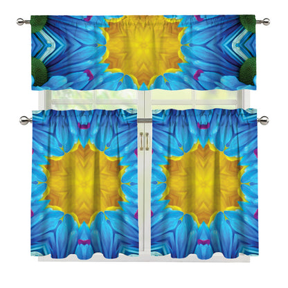 Blue And Pink Flowers Kaleidoscope Print 3 Piece Kitchen Curtains