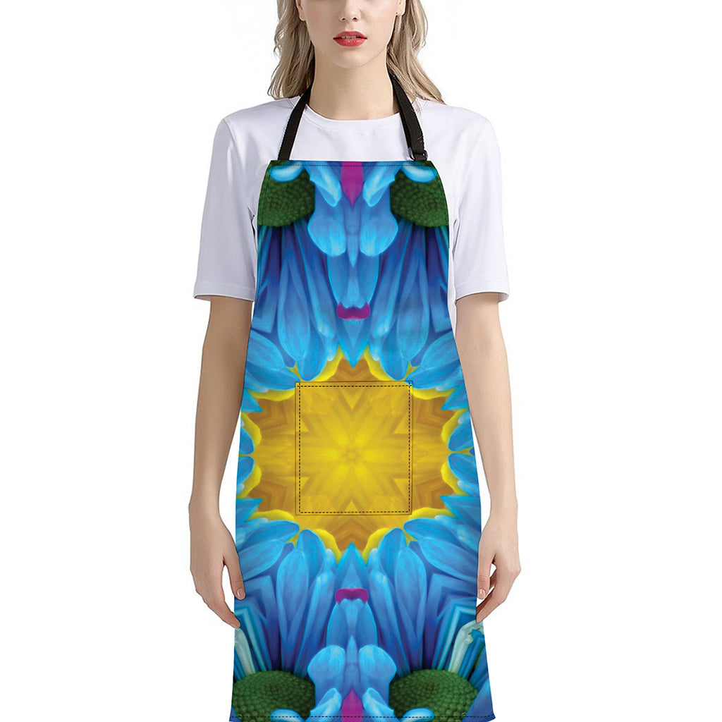 Blue And Pink Flowers Kaleidoscope Print Bib Apron With Pocket