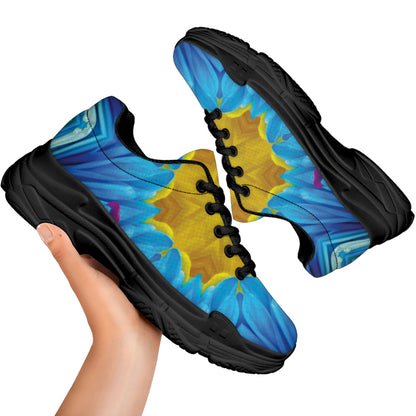 Blue And Pink Flowers Kaleidoscope Print Black Chunky Shoes