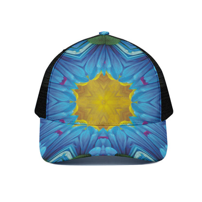 Blue And Pink Flowers Kaleidoscope Print Black Mesh Trucker Cap