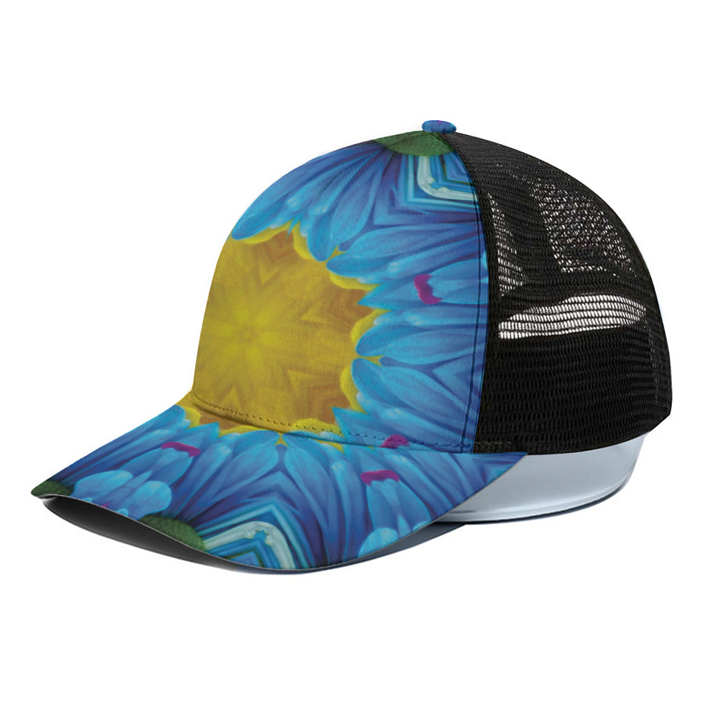Blue And Pink Flowers Kaleidoscope Print Black Mesh Trucker Cap