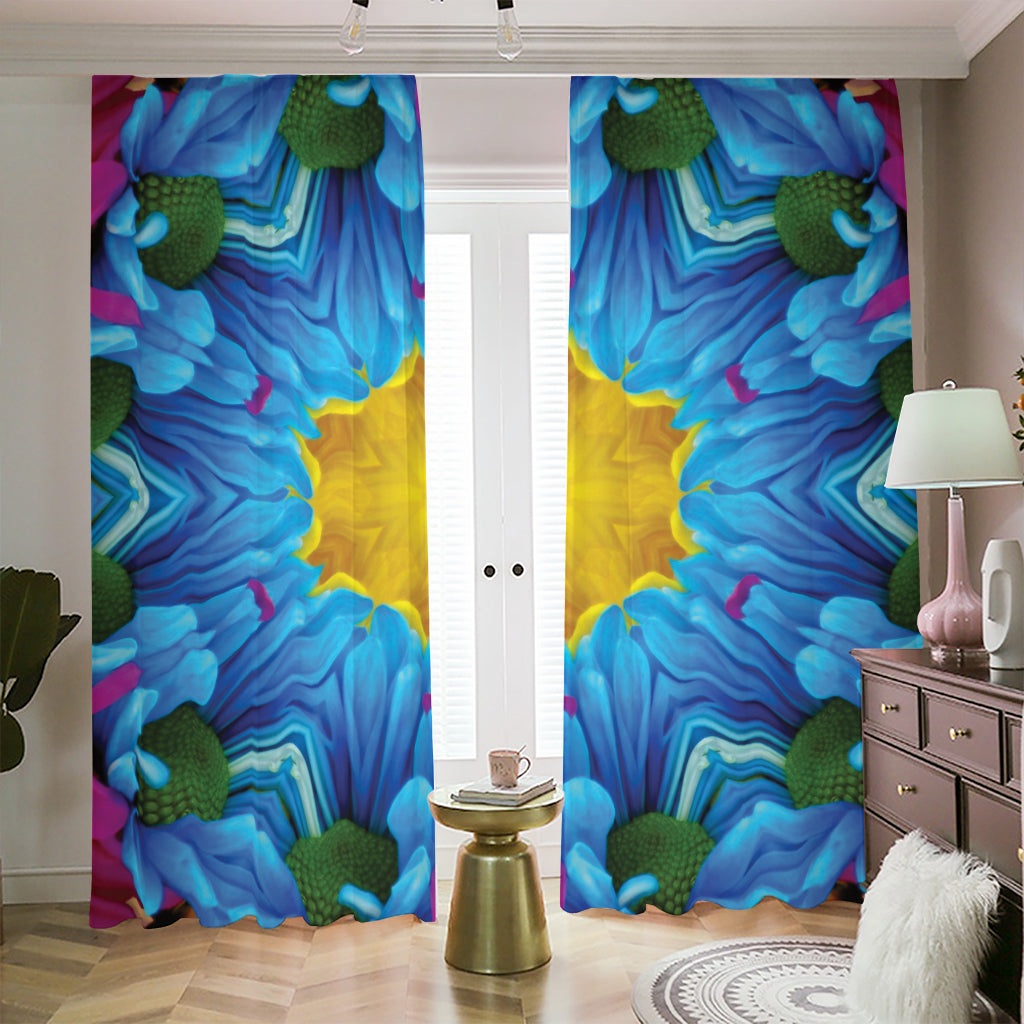 Blue And Pink Flowers Kaleidoscope Print Blackout Pencil Pleat Curtains