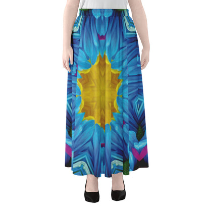 Blue And Pink Flowers Kaleidoscope Print Chiffon Maxi Skirt
