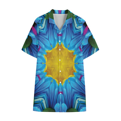 Blue And Pink Flowers Kaleidoscope Print Cotton Hawaiian Shirt