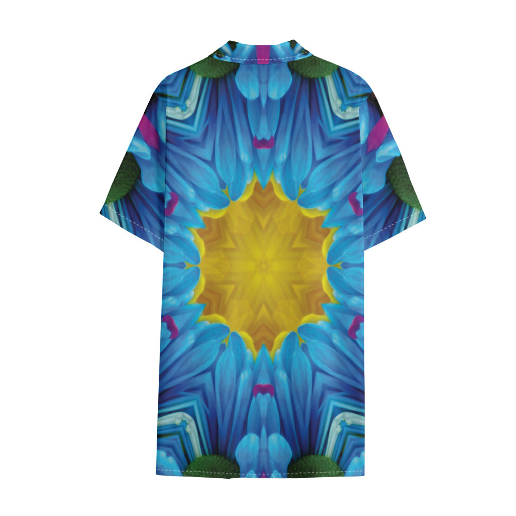 Blue And Pink Flowers Kaleidoscope Print Cotton Hawaiian Shirt