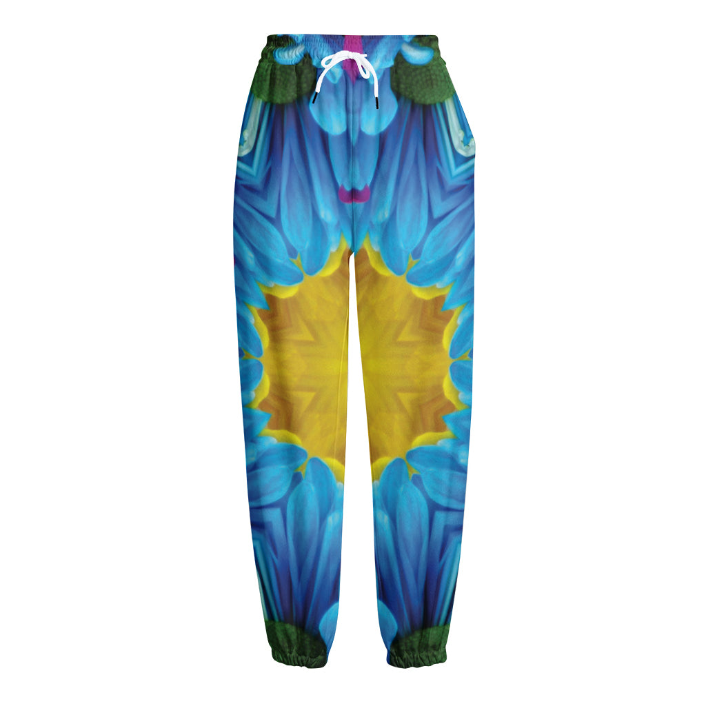 Blue And Pink Flowers Kaleidoscope Print Fleece Lined Knit Pants