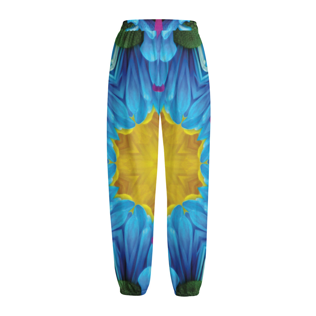 Blue And Pink Flowers Kaleidoscope Print Fleece Lined Knit Pants