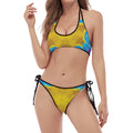 Blue And Pink Flowers Kaleidoscope Print Halter Scoop Tie Side Bikini