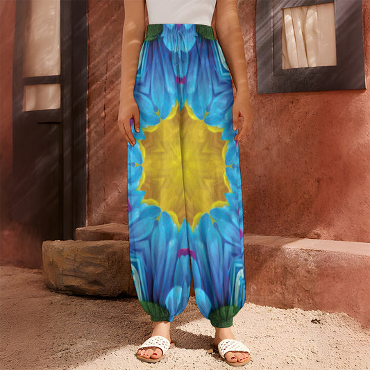 Blue And Pink Flowers Kaleidoscope Print Harem Pants