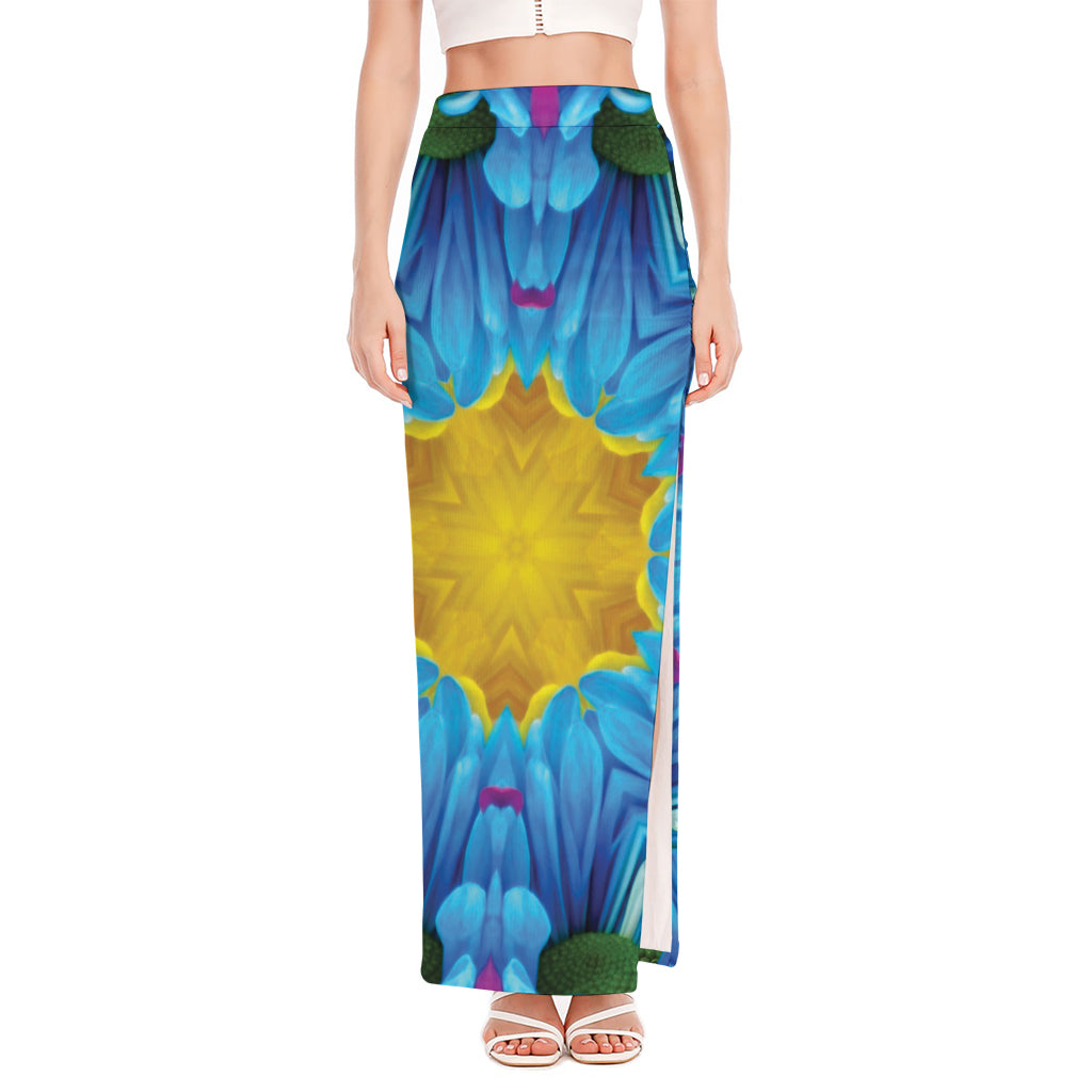 Blue And Pink Flowers Kaleidoscope Print High Slit Maxi Skirt