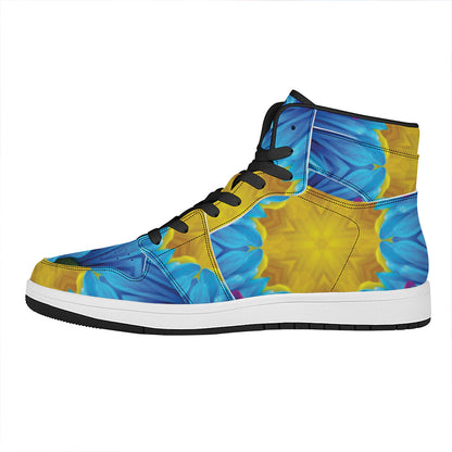 Blue And Pink Flowers Kaleidoscope Print High Top Leather Sneakers
