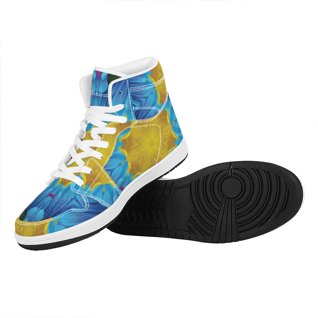 Blue And Pink Flowers Kaleidoscope Print High Top Leather Sneakers