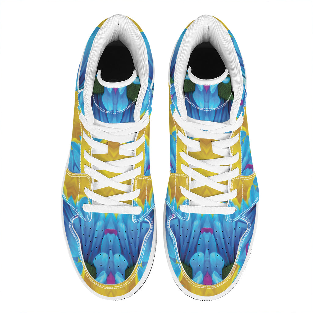 Blue And Pink Flowers Kaleidoscope Print High Top Leather Sneakers