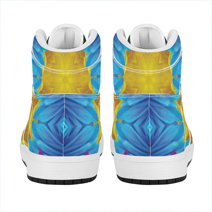 Blue And Pink Flowers Kaleidoscope Print High Top Leather Sneakers