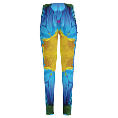 Blue And Pink Flowers Kaleidoscope Print High-Waisted Pocket Leggings
