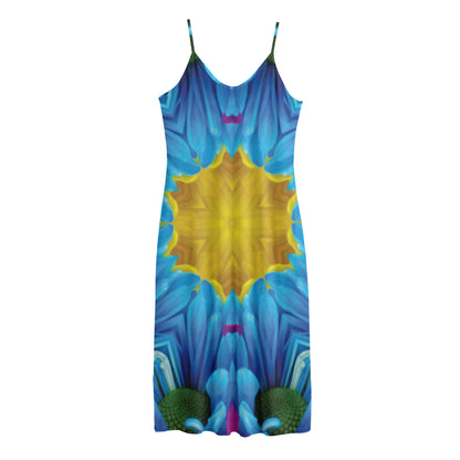 Blue And Pink Flowers Kaleidoscope Print Jersey Midi Cami Dress