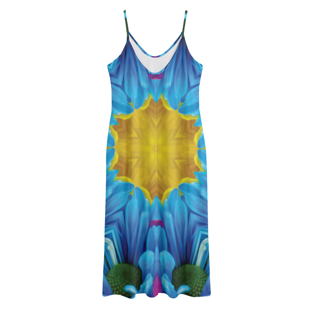 Blue And Pink Flowers Kaleidoscope Print Jersey Midi Cami Dress