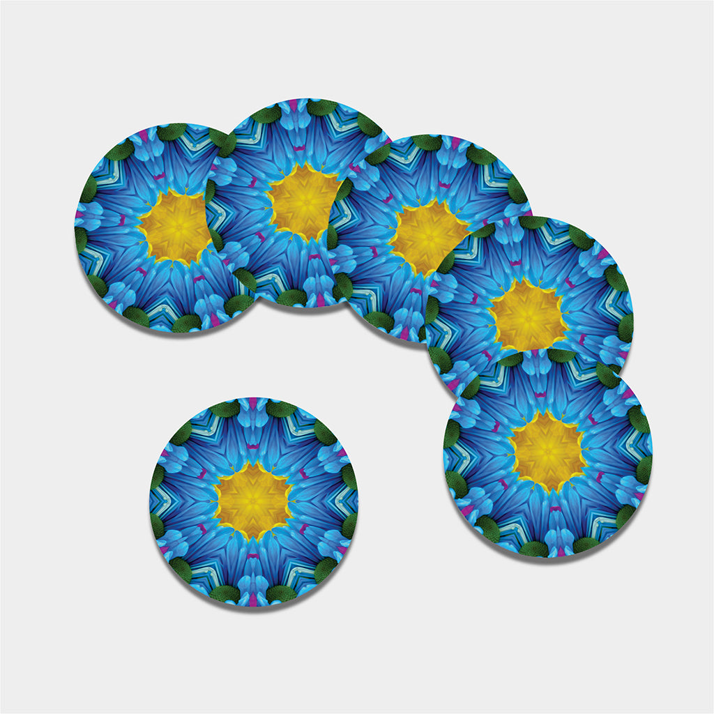 Blue And Pink Flowers Kaleidoscope Print Leather Coaster Set
