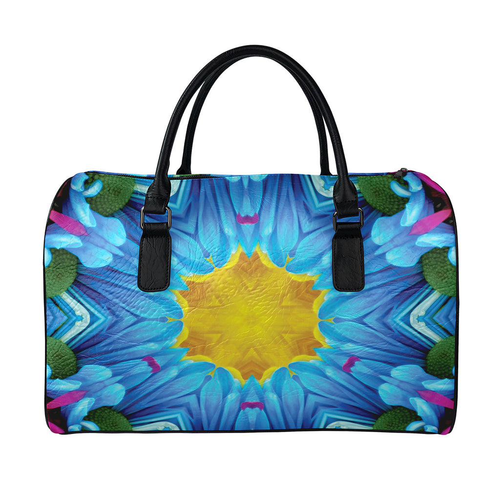 Blue And Pink Flowers Kaleidoscope Print Leather Duffle Bag
