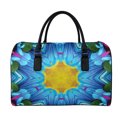Blue And Pink Flowers Kaleidoscope Print Leather Duffle Bag