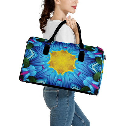 Blue And Pink Flowers Kaleidoscope Print Leather Duffle Bag