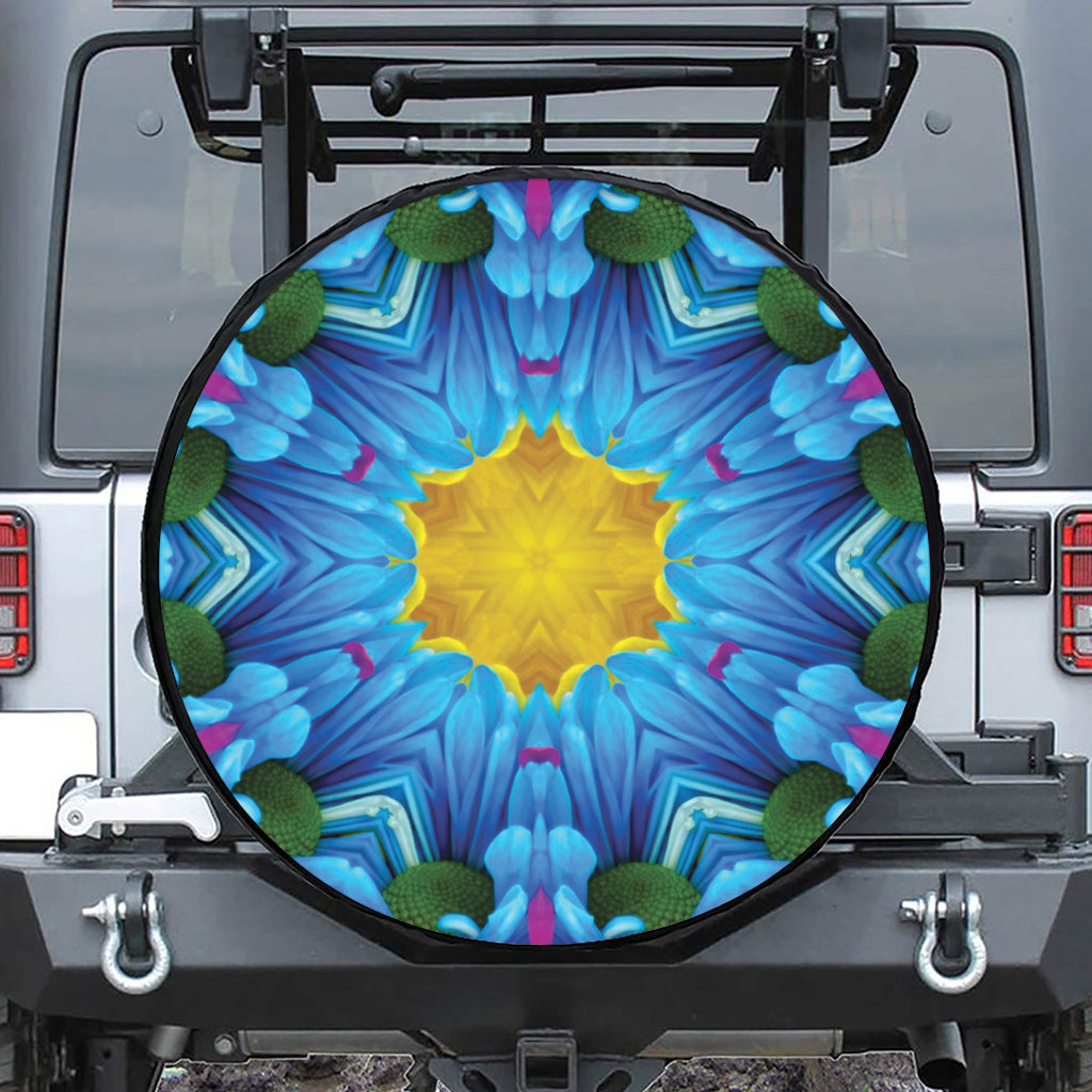 Blue And Pink Flowers Kaleidoscope Print Leather Spare Tire Cover