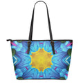 Blue And Pink Flowers Kaleidoscope Print Leather Tote Bag With Zipper