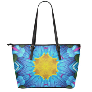 Blue And Pink Flowers Kaleidoscope Print Leather Tote Bag