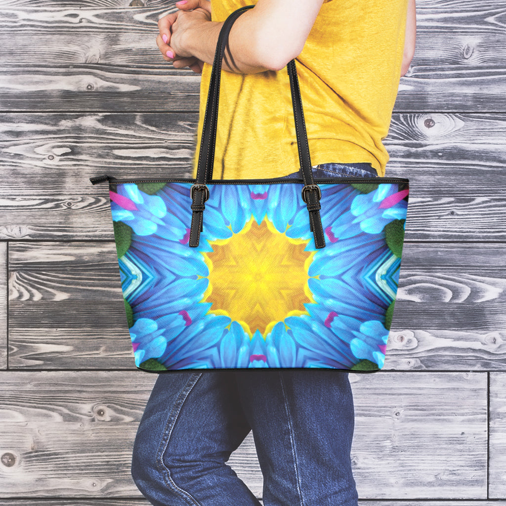 Blue And Pink Flowers Kaleidoscope Print Leather Tote Bag