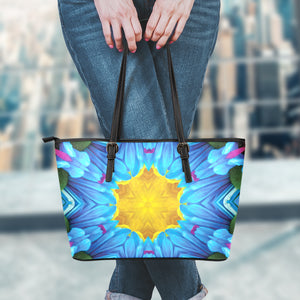 Blue And Pink Flowers Kaleidoscope Print Leather Tote Bag