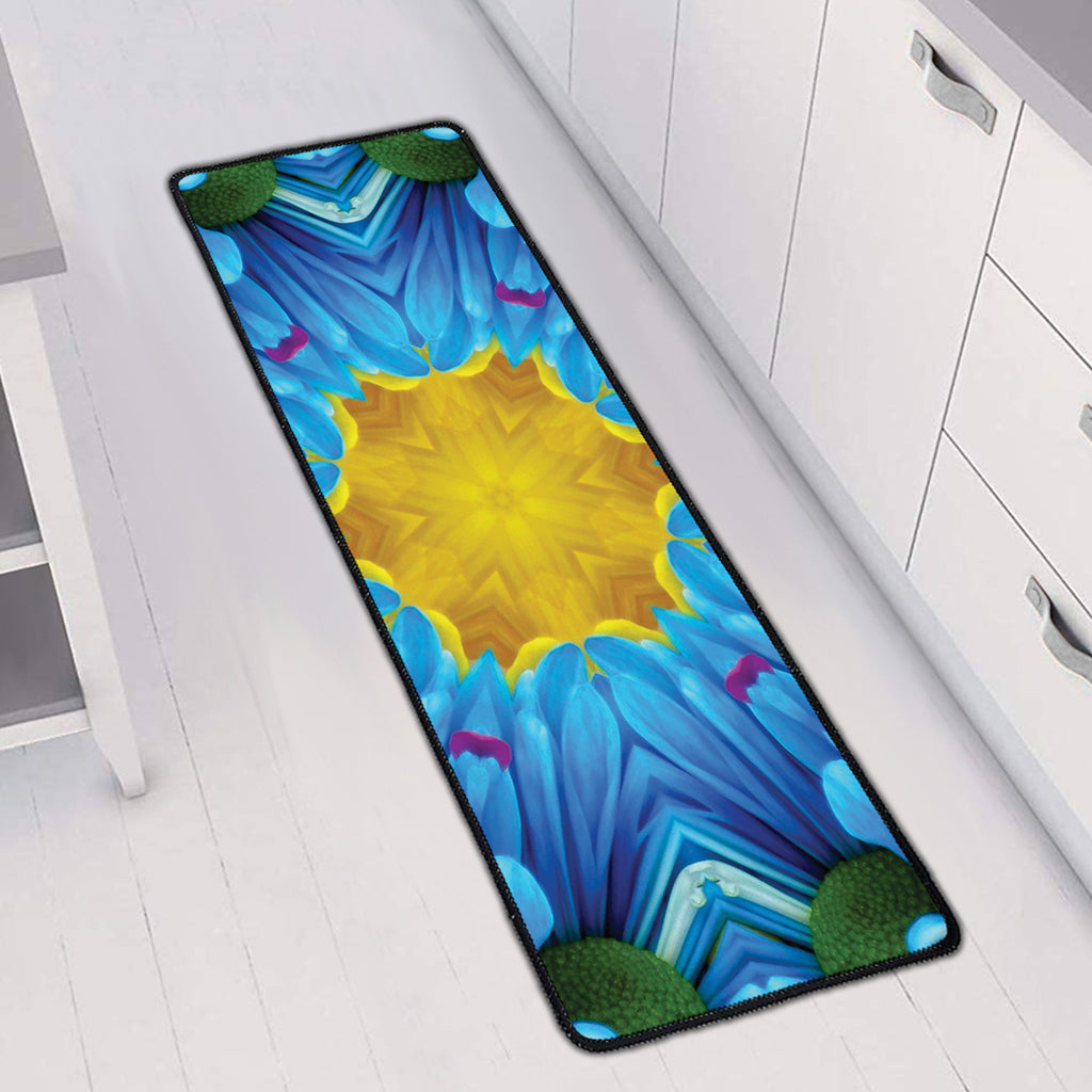 Blue And Pink Flowers Kaleidoscope Print Long Kitchen Mat