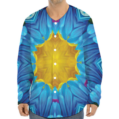 Blue And Pink Flowers Kaleidoscope Print Long Sleeve Baseball Jersey
