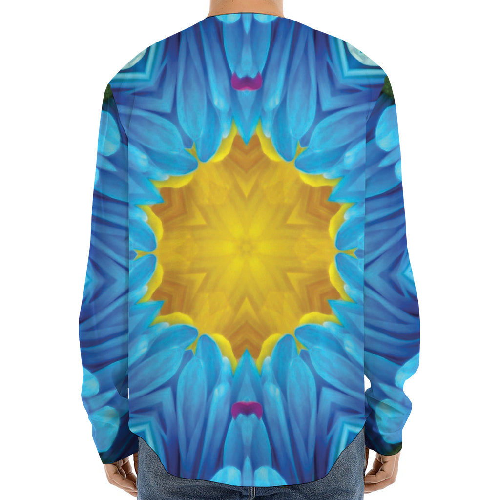 Blue And Pink Flowers Kaleidoscope Print Long Sleeve Baseball Jersey