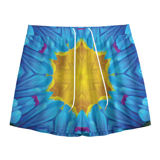 Blue And Pink Flowers Kaleidoscope Print Mesh Shorts