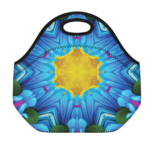 Blue And Pink Flowers Kaleidoscope Print Neoprene Lunch Bag